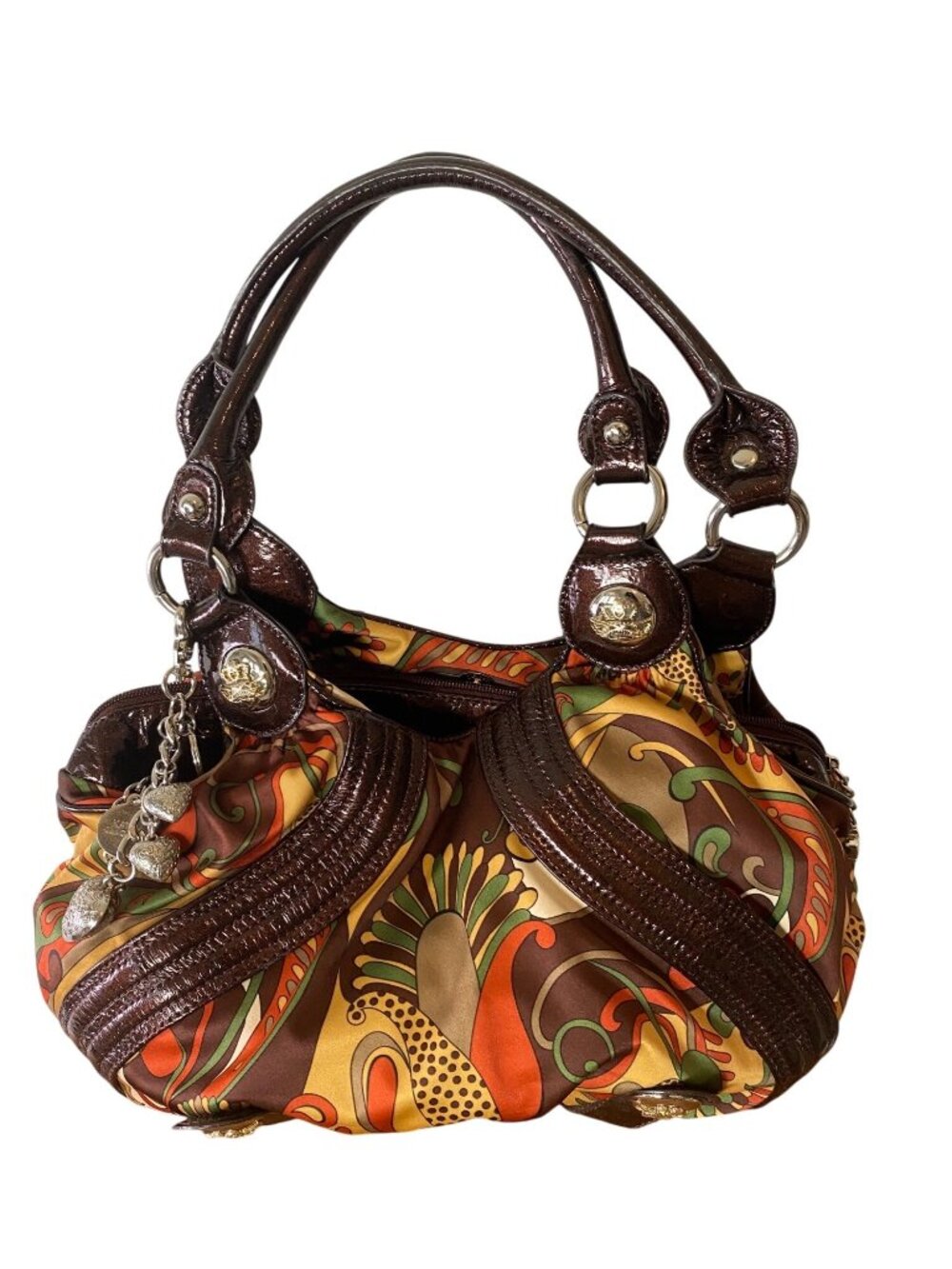 Kathy Van Zeeland Paisley Purse Brown Patent Faux Leather Trim Heart Charm